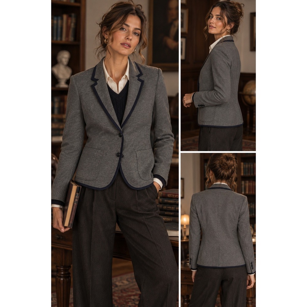 Gap Academy Blazer Women 6 Gray Navy Trim Knit Preppy Dark Academia Pockets